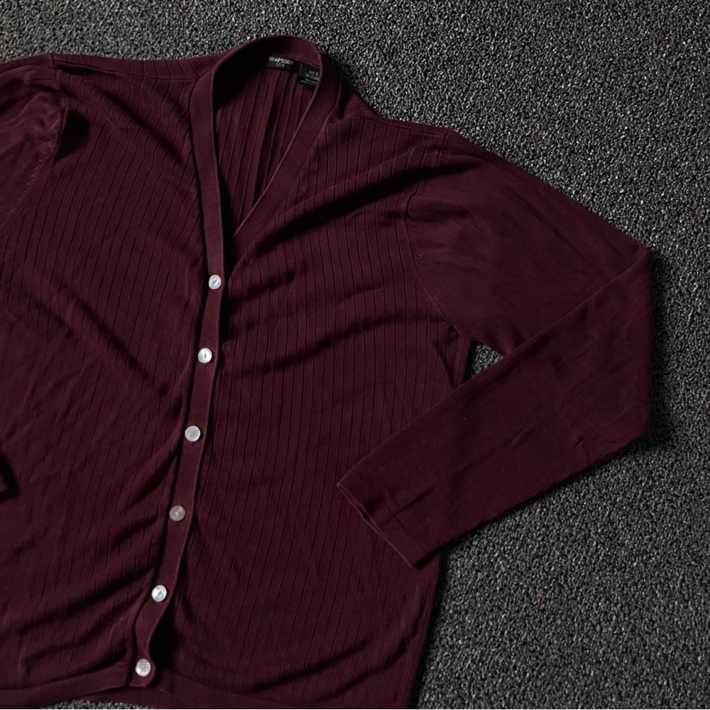 Maroon Burgundy Vintage 100% Silk Cardigan Ribbed Modest Long-Sleeve Sweater S - Picture 5 of 16